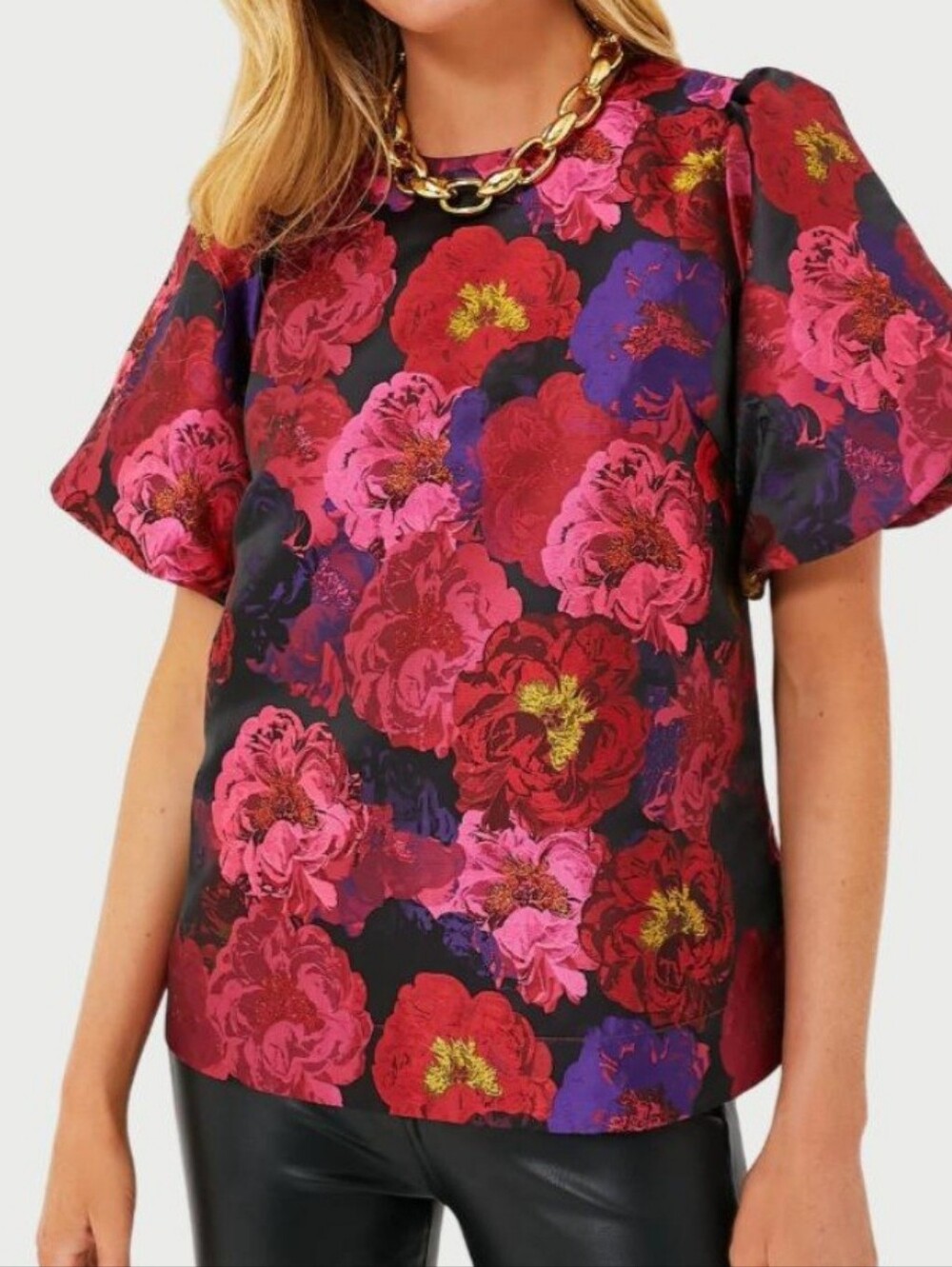 Tuckernuck Black Floral Puff-Sleeve Blouse with Red, Pink & Purple Blooms